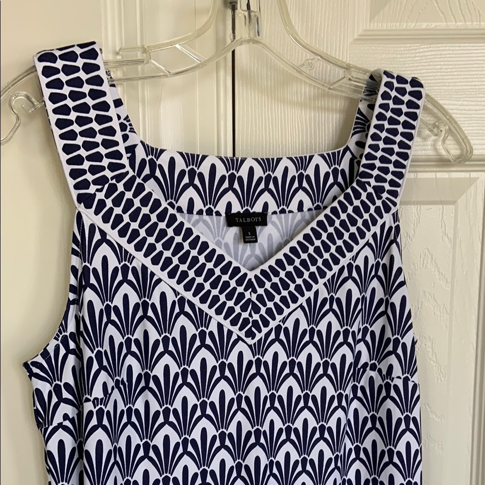 Talbots navy white print straight shift dress